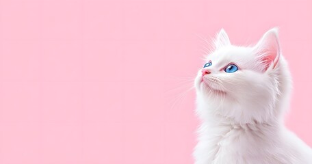 A white, cute, fluffy cat with blue eyes on a pastel background banner with a copy space area. This banner design is suitable for a pet shop or website promotion and advertising.
