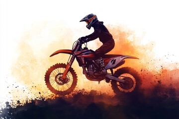 Motorcycle Rider in Action against Watercolor Abstract Background