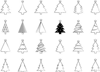 Christmas Tree simple line icons vector set. Christmas Tree with star thin line icons set. Linear fir, pine icon collection. New year holiday, Christmas symbol isolated on white vector Illustration.