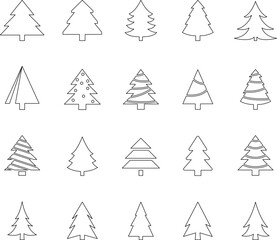 Christmas Tree simple line icons vector set. Christmas Tree with star thin line icons set. Linear fir, pine icon collection. New year holiday, Christmas symbol isolated on white vector Illustration.