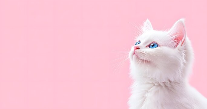 A white, cute, fluffy cat with blue eyes on a pastel background banner with a copy space area. This banner design is suitable for a pet shop or website promotion and advertising.