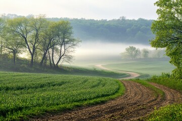 Fototapeta premium A winding dirt road leads through a misty green field.