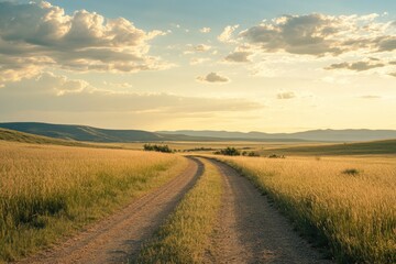 Fototapeta premium A winding dirt road leads through a vast, golden field towards a distant horizon.