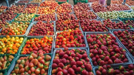 Strawberry farm in Japan, organized greenhouse setup with ripe strawberries, vibrant colors.