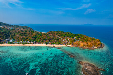 Aerial view big low tide in sea Phi Phi island, Thailand