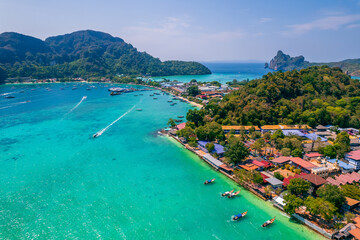 Amazing travel photo Thailand tropical paradise by drone. Aerial view Phi Phi island, Krabi Province