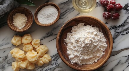 Ingredients for baking a dessert flour, butter, baking powder, raspberries and honey.