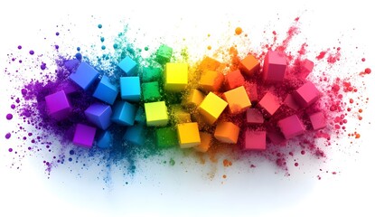Colorful cubic particles on a white background, a colorful rainbow-colored cubic powder texture, an illustration of color blocks and paint splashes in various colors, 