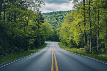 Fototapeta premium A winding paved road through a lush green forest with a cloudy sky overhead.