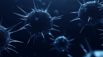 3D rendering of virus particles in blue, resembling microscopic view