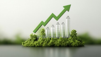 Translucent growth chart with upward trend above bioenergy facility, green surroundings, symbolizing renewable investment