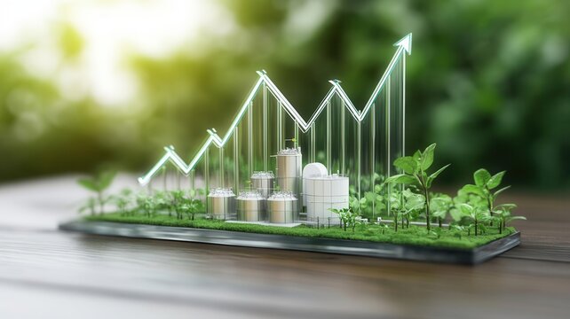 Translucent growth chart with upward trend above bioenergy facility, green surroundings, symbolizing renewable investment