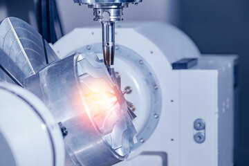 Producing turbine wheel and blades part with CNC drill machine five axis lathe. Concept modern technology for industry