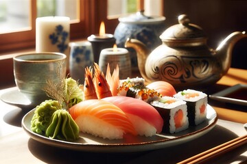Delicate Sushi Platter Closeup in Bright, Well-Lighted Dining Room