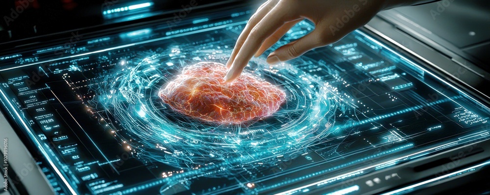 Poster close-up of a futuristic interface showing a glowing brain hologram with a hand interacting with dig