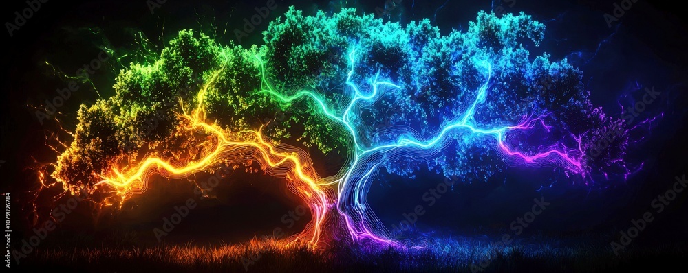 Poster vibrant multicolored tree with electric lightning effects creating a dreamlike landscape of nature a