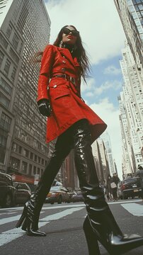 an model wearing a fashion outfit runway, walking on a New York street. 