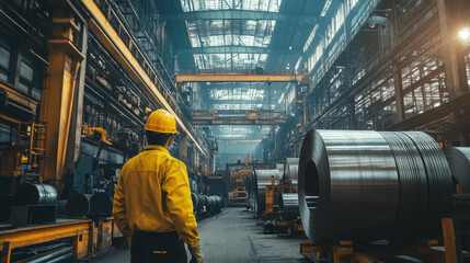 Fototapeta premium worker in yellow safety helmet observes rolled metal in large industrial warehouse, showcasing scale and complexity of manufacturing environment