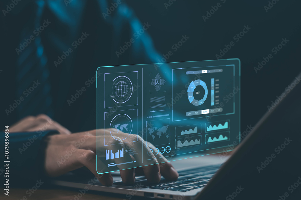 Aufkleber analyst manages the system database reports analyzes data plans and shows a dashboard chart on the computer. concept of research on platform digital technology, analytics business