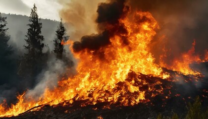Forest fire on the side of the mountain