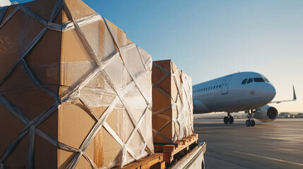 Efficient airfreight logistics with cargo boxes ready for loading onto aircraft, showcasing importance of timely delivery in aerial transportation