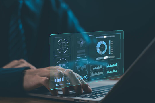 analyst manages the system database reports analyzes data plans and shows a dashboard chart on the computer. concept of research on platform digital technology, analytics business