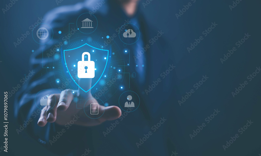 Poster business security concept. safe digital information system that protects private data. safety techno