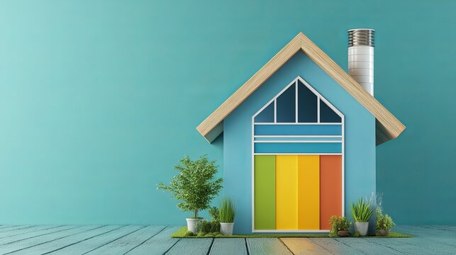 Energy-efficient house with a high efficiency rating, emphasizing eco-friendly home improvements to reduce costs. Low-consumption, sustainable building design for green development.