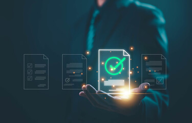 tick the checkmark in the survey item. tick mark evaluation in options check form online on a laptop. checklist concept, task audit in a list of documents. verify task detail business, process order