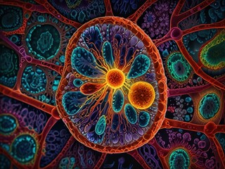 Obraz premium Vibrantly Pulsating Eukaryote Cell with Bustling Organelles and Shimmering Nucleus