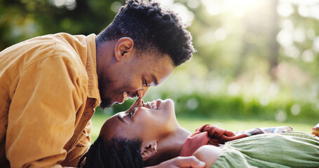 Love, romance and black couple in park for bonding, connection and outdoor garden adventure on...