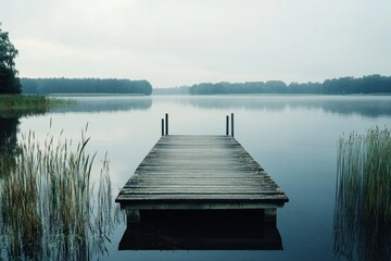 A wooden dock extends into a misty lake. (1)