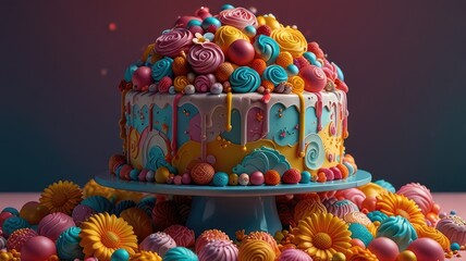 Get lost in a world of sweetness and color with this larger-than-life cake, adorned with an abundance of flowers, candies, and lollipops. Let the generative AI bring this fantastical creation to life,