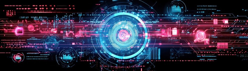 Obraz premium Abstract Digital Background with Futuristic Technology Elements Featuring Colorful Circuits and Graphical Representations of Data and Analytics