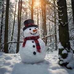 A happy snowman wearing a red hat and scarf enjoys the winter wonderland