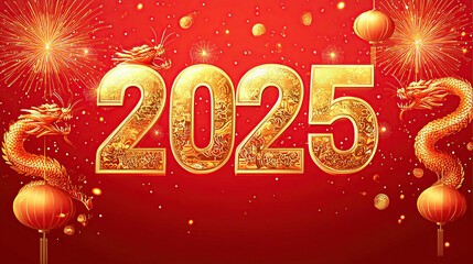 A red background with golden fireworks and lanterns around the numbers "2025", a Chinese New Year theme