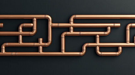 Fototapeta premium Copper pipes create intricate pattern against dark background, showcasing their shiny surface and unique shapes. This commercial photograph highlights beauty of industrial design