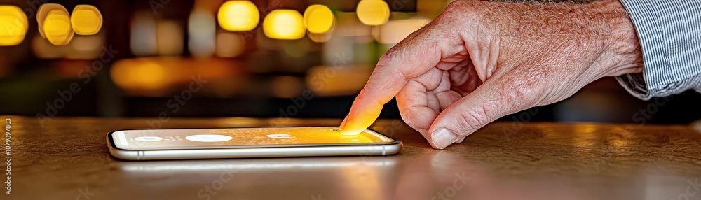 Poster close-up of a hand tapping a smartphone screen in a dimly lit cafe setting highlighting modern techn