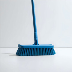 Blue plastic bristle broom on white background