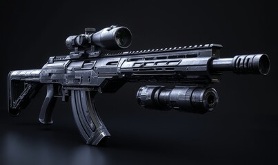 Naklejka premium Detailed 3D render of a modern assault rifle with attachments like scopes and silencers, sleek and tactical