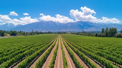Wine grape cultivation in Argentina, vineyard with organized grape rows, global wine exporter.