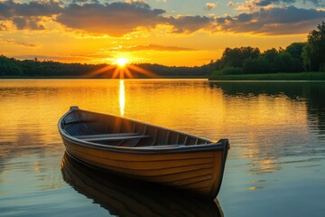 Obraz premium A wooden rowboat floats serenely on a tranquil lake at sunset.