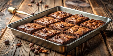 A rustic wooden table displays a baking pan filled with freshly baked squares of chocolatey goodness, with a golden spatula leaning casually nearby.