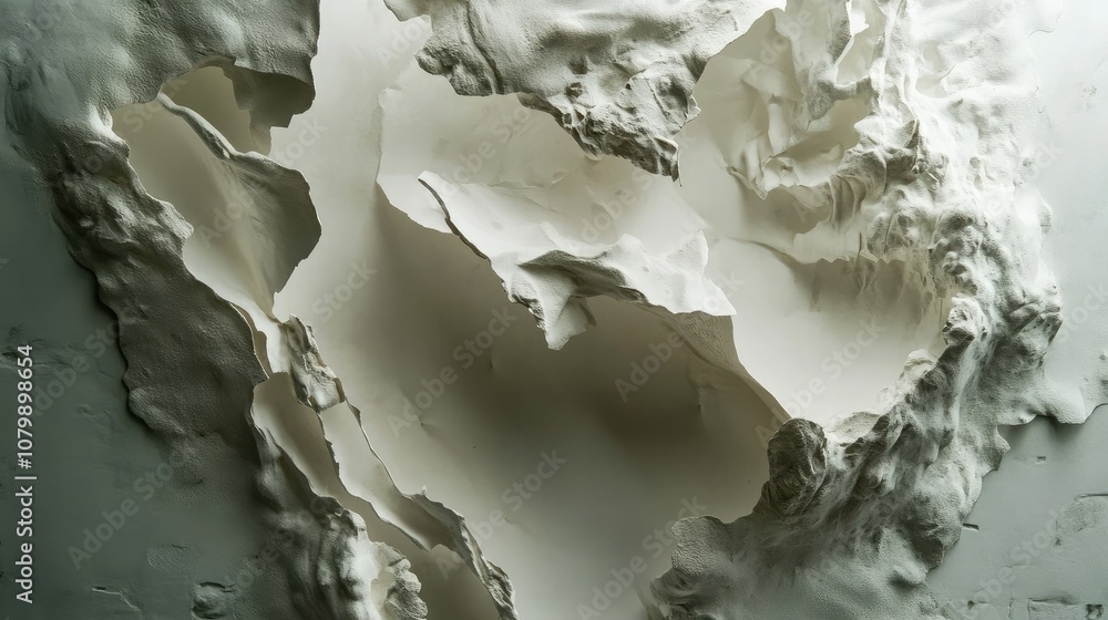 Poster abstract sculptural texture in white showcasing intricate layers and organic forms on a neutral back