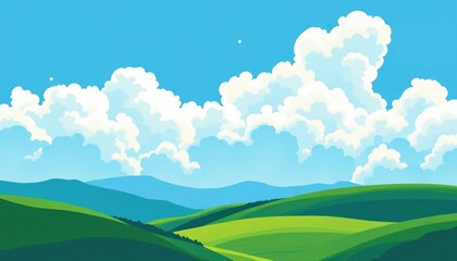 Obraz premium Green mountains with white clouds in sunny weather