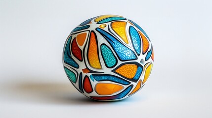 Colorful, abstract, geometric sphere with textured surface against a white background.