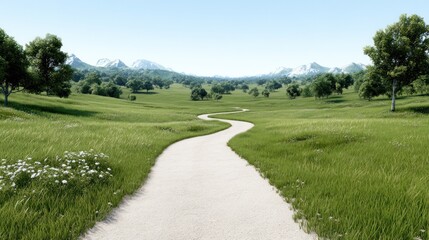 Naklejka premium Serene winding path through a lush green landscape with mountains.