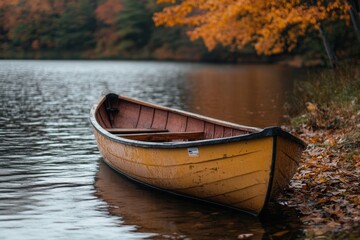 Obraz premium A yellow wooden canoe sits on the edge of a calm lake in the fall.