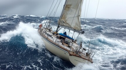 Sailboat Navigating Rough Seas in Stormy Weather