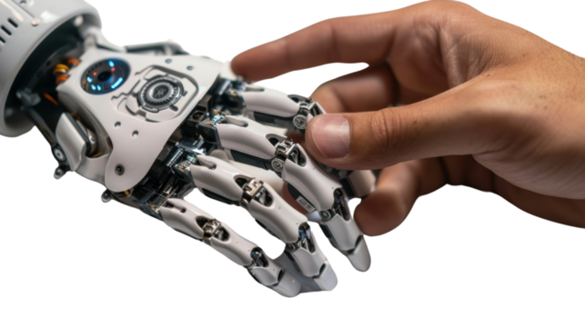 Human hand touching a robotic hand on white transparent background
